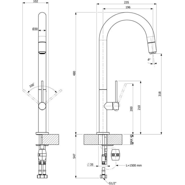 Carron Phoenix Tozo Ντους Black Matt 48780-400 Μπαταρία Κουζίνας