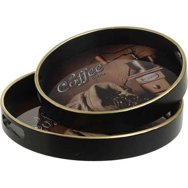 INART Set 2Τμχ Διίσκος Ξύλινος Μαύρος/Χρυσός Coffee House 3-70-151-0284